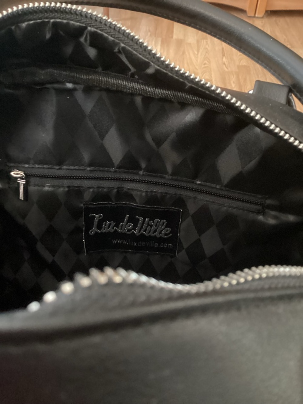 Lux de Ville Black Satchel with Metallic Pink Diamond Panels - Picture 3 of 11